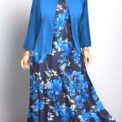 Women Plus Size Flattering Floral Two-piece Outfit Set - Flowy Long Sleeve Open Front Top & Comfy Tank Dress