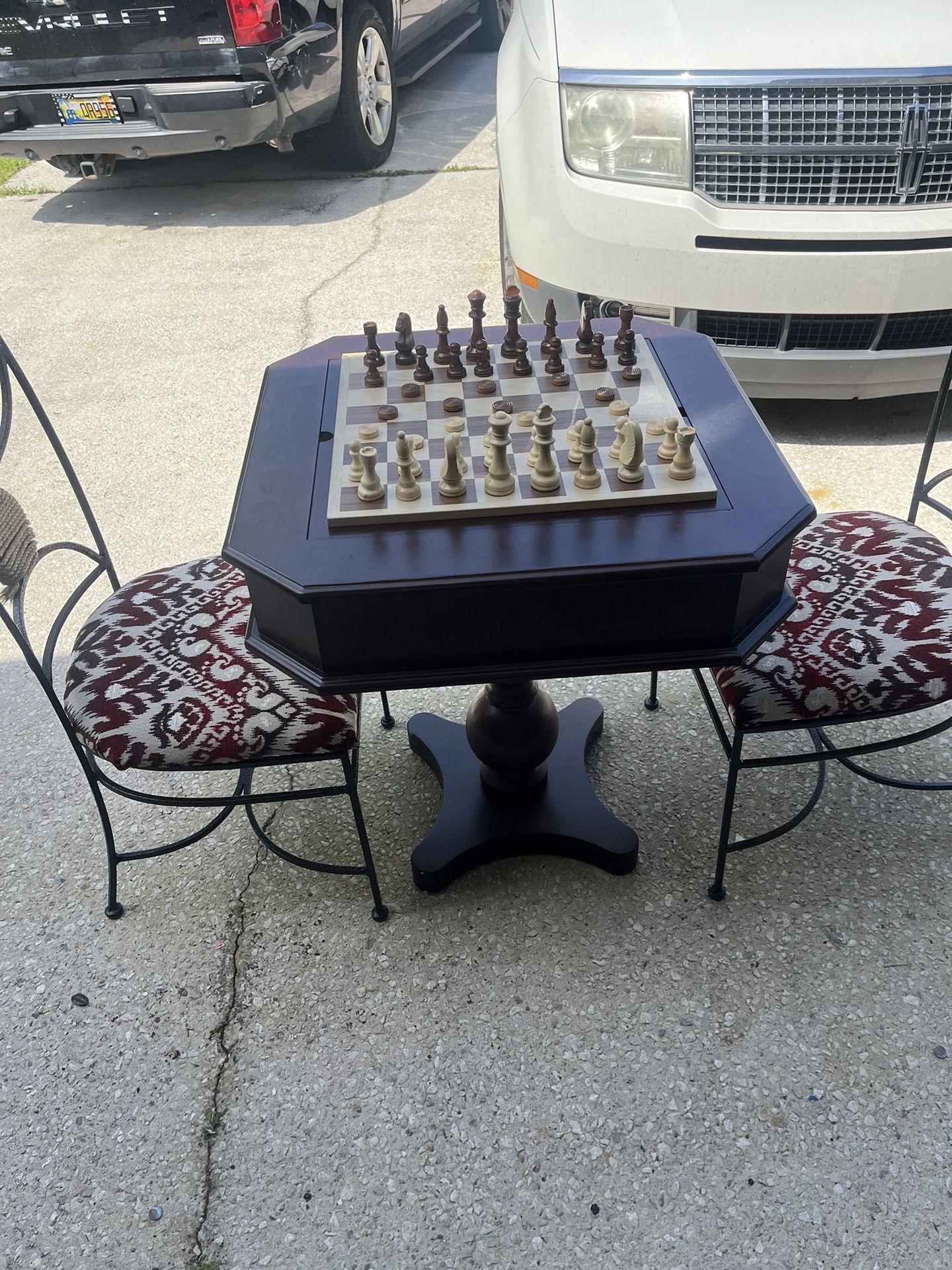 Wood Chess Table And Two Chairs