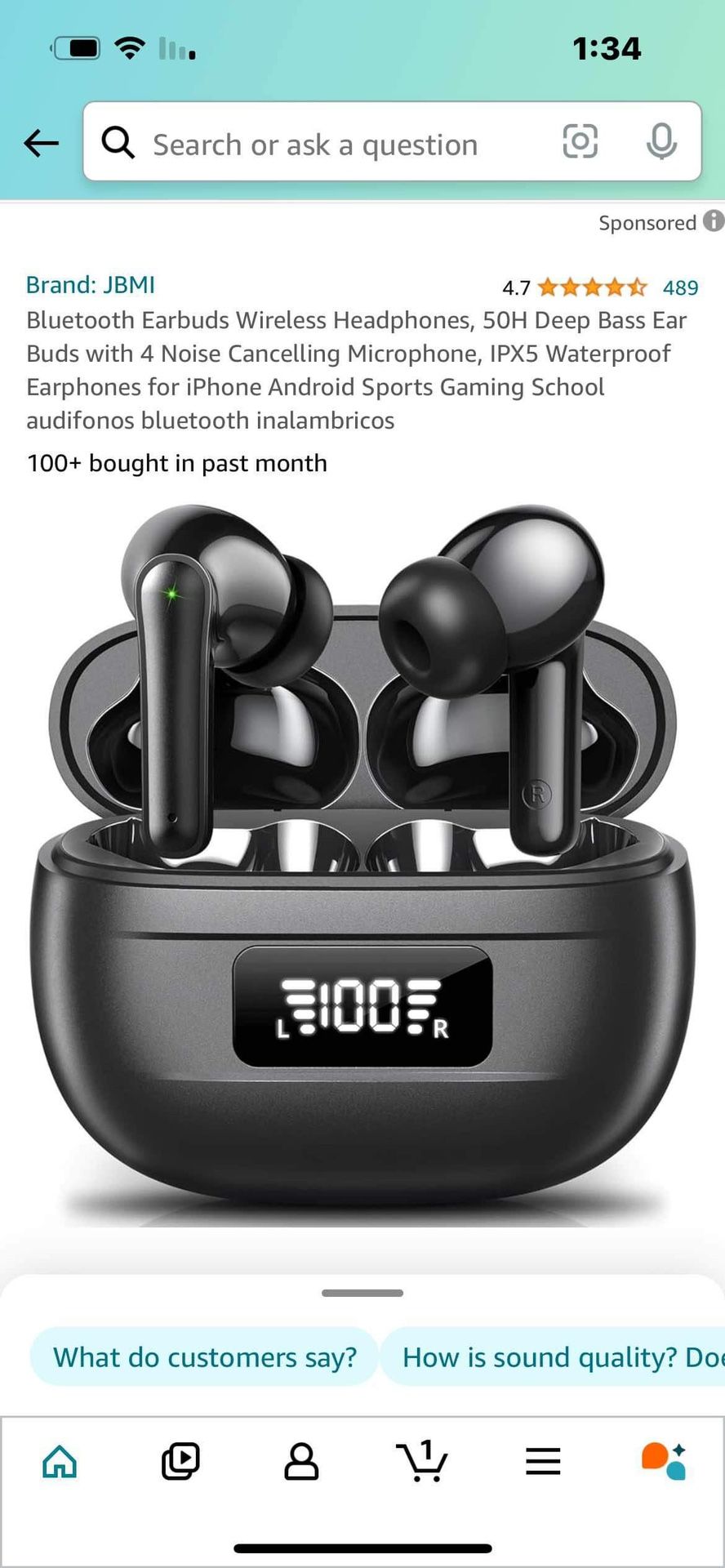 Bluetooth Earbuds Wireless Headphones, 50H Deep Bass Ear Buds with 4 Noise Cancelling Microphone, IPX5 Waterproof Earphones for iPhone Android Sports 