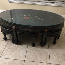 Japanese Antique Oval Table, Glass Top  With 6 Stools 