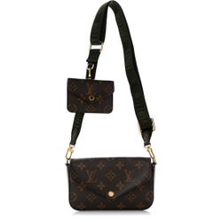 Louis Vuitton Félicie Strap & Go handbag featuring a khaki green nylon shoulder strap and the brand's classic monogram canvas
