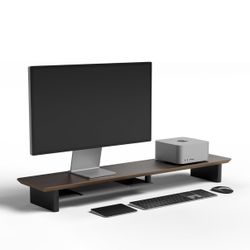 Walnut Dual‑Tier Monitor Stand for Modern Desk Setup – Minimalist Wooden Riser Shelf for Dual Monitors, Laptops, Home Office Aesthetic (Dark Walnut, L