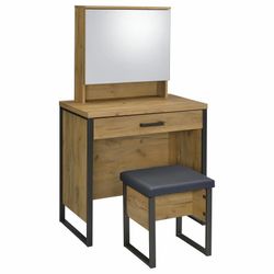 Vanity Set with Sliding Mirror and Stool Golden Oak