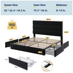 Modern Queen Size Platform Bed Frame with 4 Storage Drawers and Velvet Upholstered Headboard, Wooden Slats Support, Black