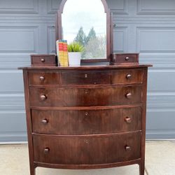 Vintage Solid Wood Dresser / Chest of Drawers with Swivel Mirror on Wooden Casters