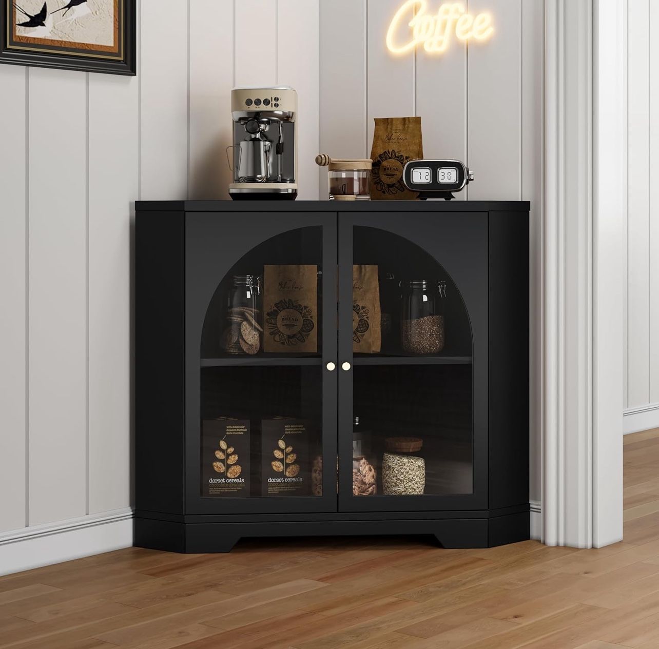 Mid-Century Modern Small Coner Storage Cabinet, Multi-functional Floor Coner Cabinet with Arched Acrylic Mullion Door & Adjustable Shelf for Living Ro
