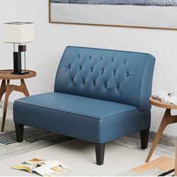 Upholstered Blue Loveseat Bench Couch for Bedroom, Modern Cushioned Armless Settee Small Love Seat Sofa Faux Suede Living Room Couch