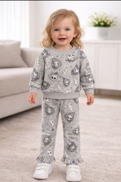 Girls Gray Cartoon Sweatshirt & Pants Set, Long Sleeve, Ruffle Accent
