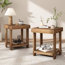 Solid Wood End Table for Living Room Set of 2-Farmhouse Side Table with 2-Tier Storage, Rustic Square Bedside Tables for Small Spaces, Accent Nightsta