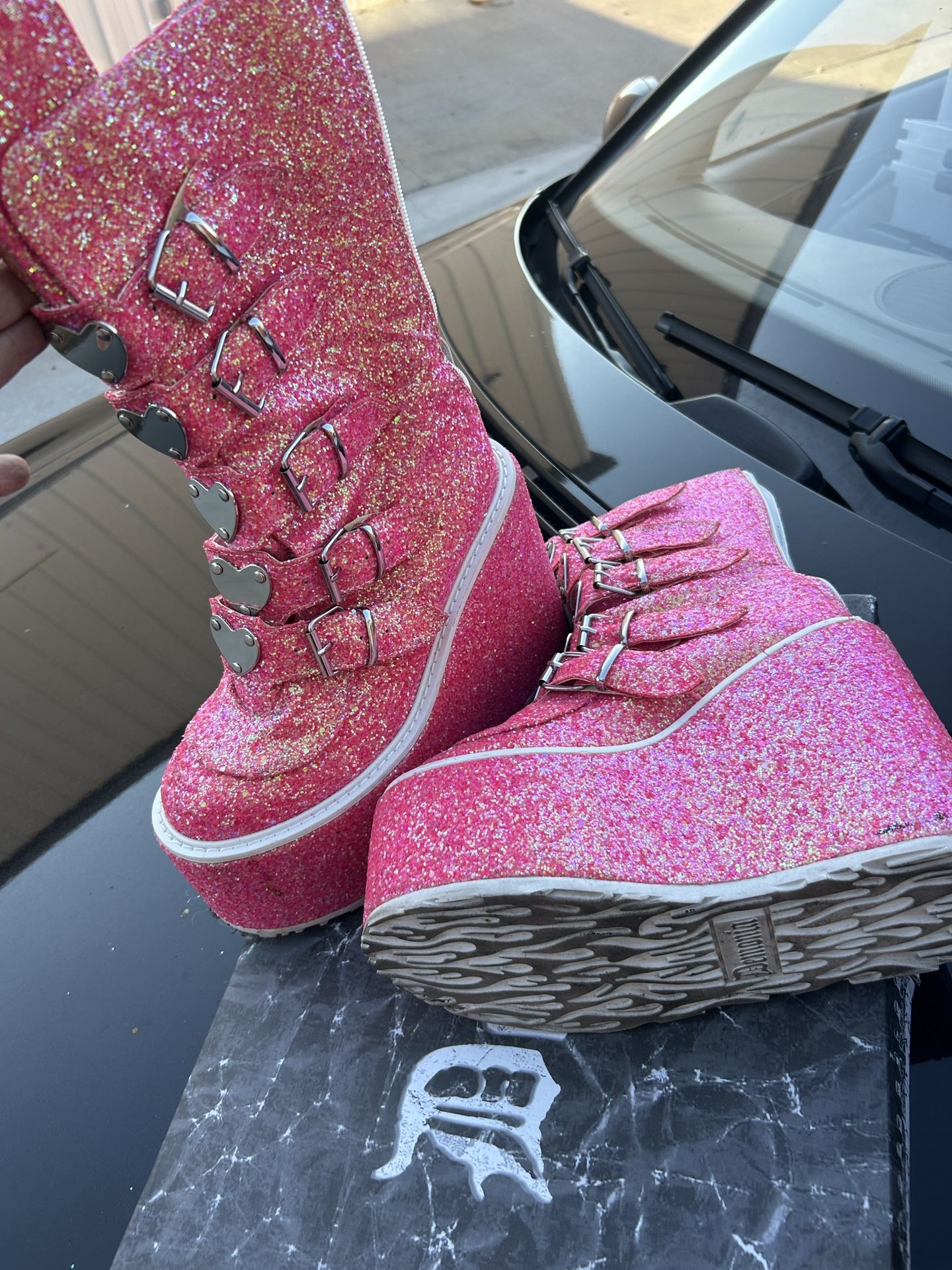 Demonia pink glitter Boots Size 9