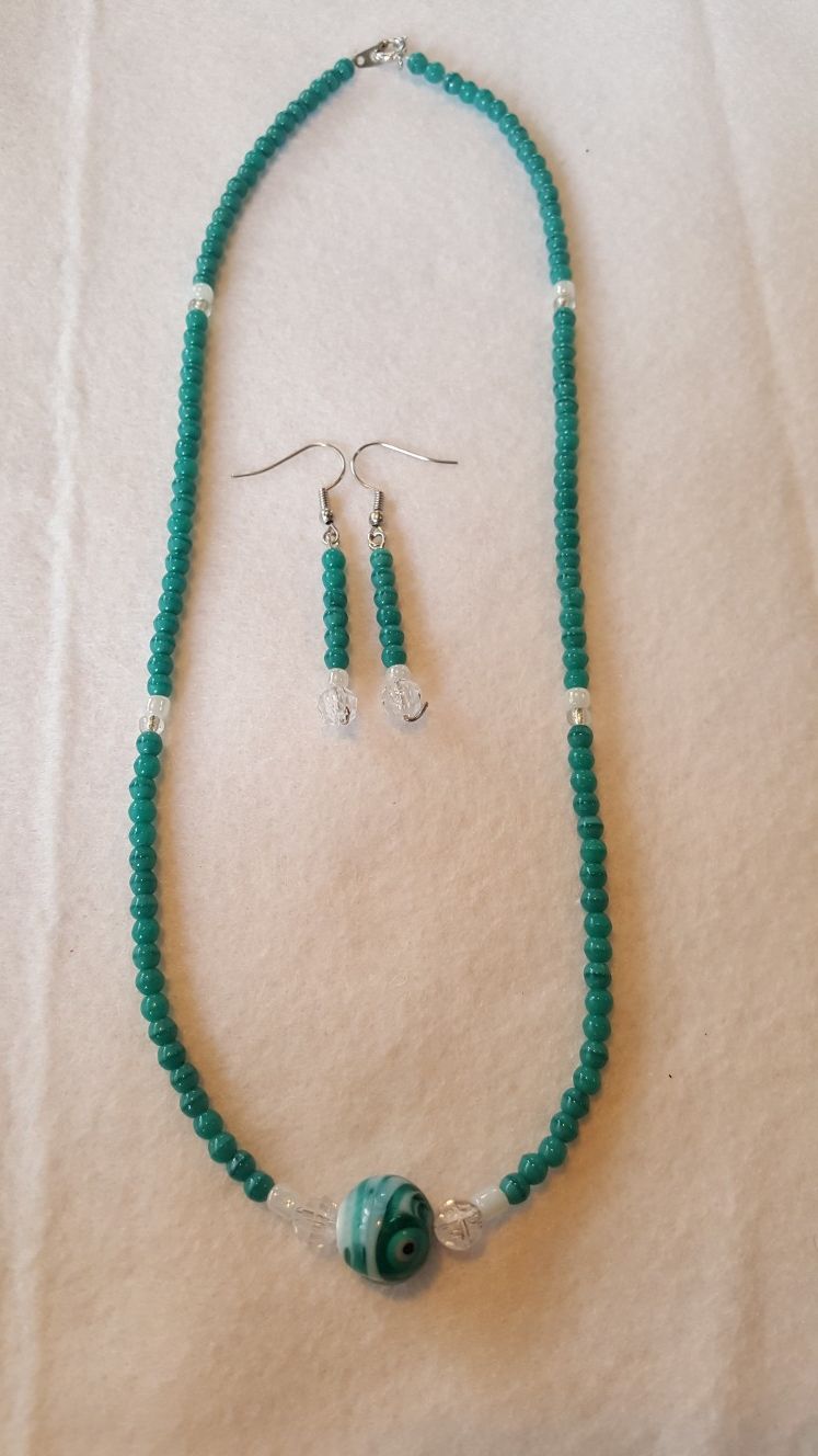 Turquoise glass bead necklace and earrings
