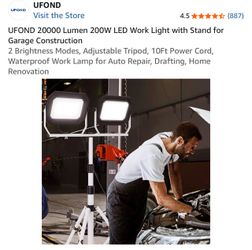 UFOND 20000 Lumen 200W LED Work Light with Stand for Garage Construction 2 Brightness Modes, Adjustable Tripod, 10Ft Power Cord, Waterproof Work Lamp