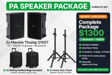 (2) Mackie Thump 15" Powered Bluetooth Speakers with bags and stands.