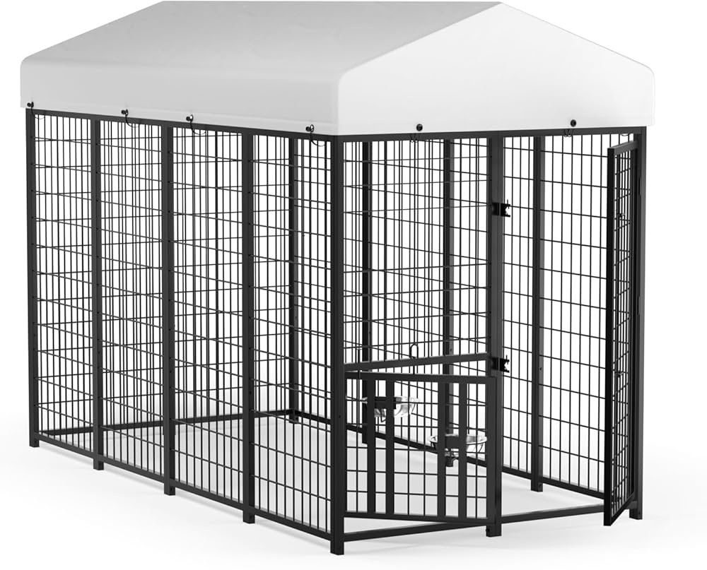 Outdoor Dog Kennel with Roof, Heavy Duty Steel Dog Run Enclosure for Medium Dogs, Waterproof Canopy, Double Latch Door, Adjustable Feeding Bowls, Pet