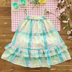 4T STRAPPY TURQUOISE/PINK/YELLOW PLAID BABYDOLL RUFFLE HEM DRESS