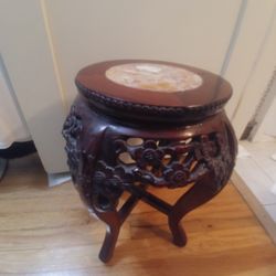 Carved Wooden Plant Stand Or Stool/Marble Top