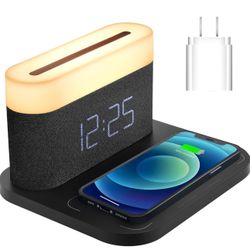 Colsur Digital Alarm Clock with Wireless Charging 15W Max Touch Bedside Lamp with 5-100% Adjustable Brightness,12/24Hr,Snooze,QI Wireless Charger
