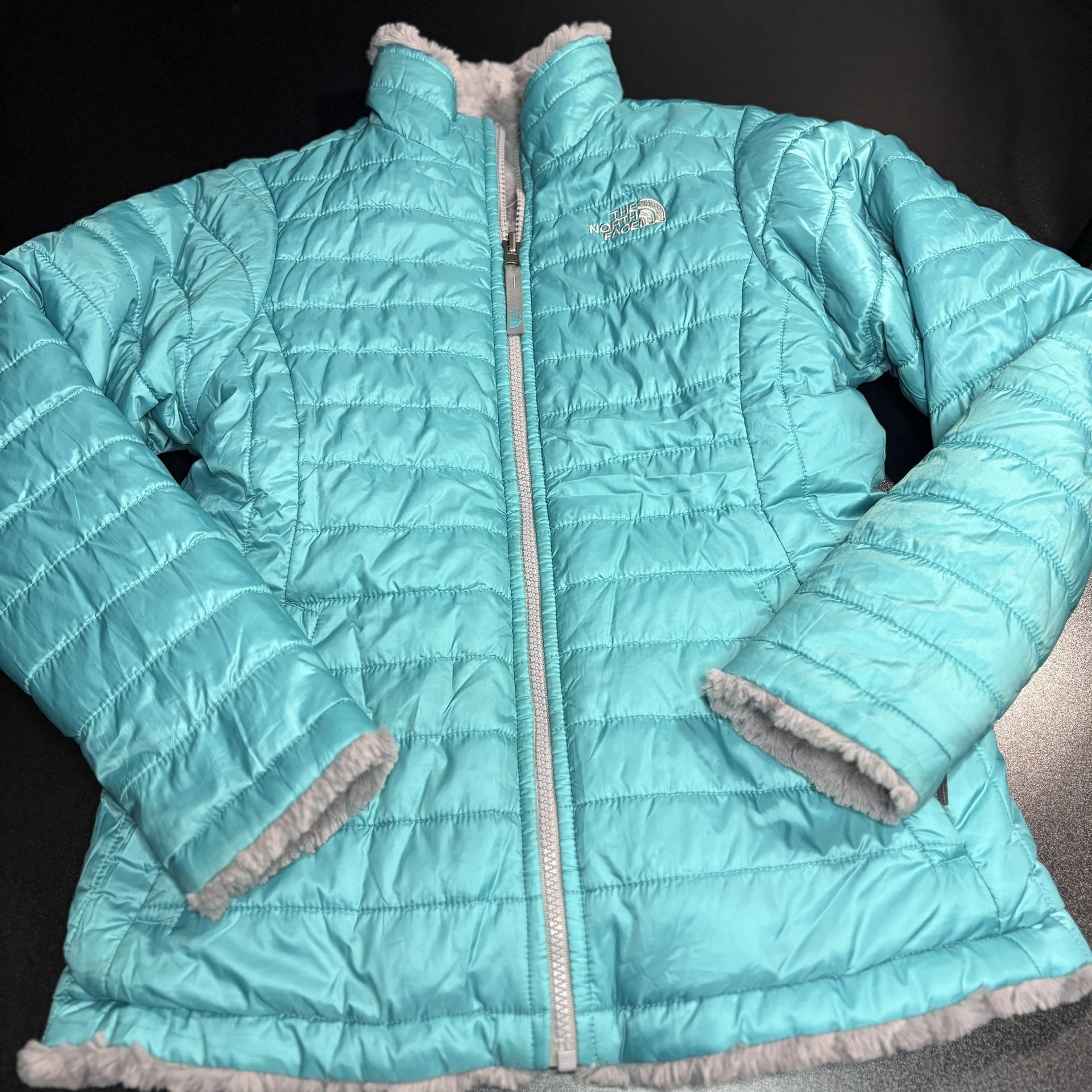 The North Face Reversible Mossbud Swirl Jacket turquoise mint green girls 14/16 soft warm