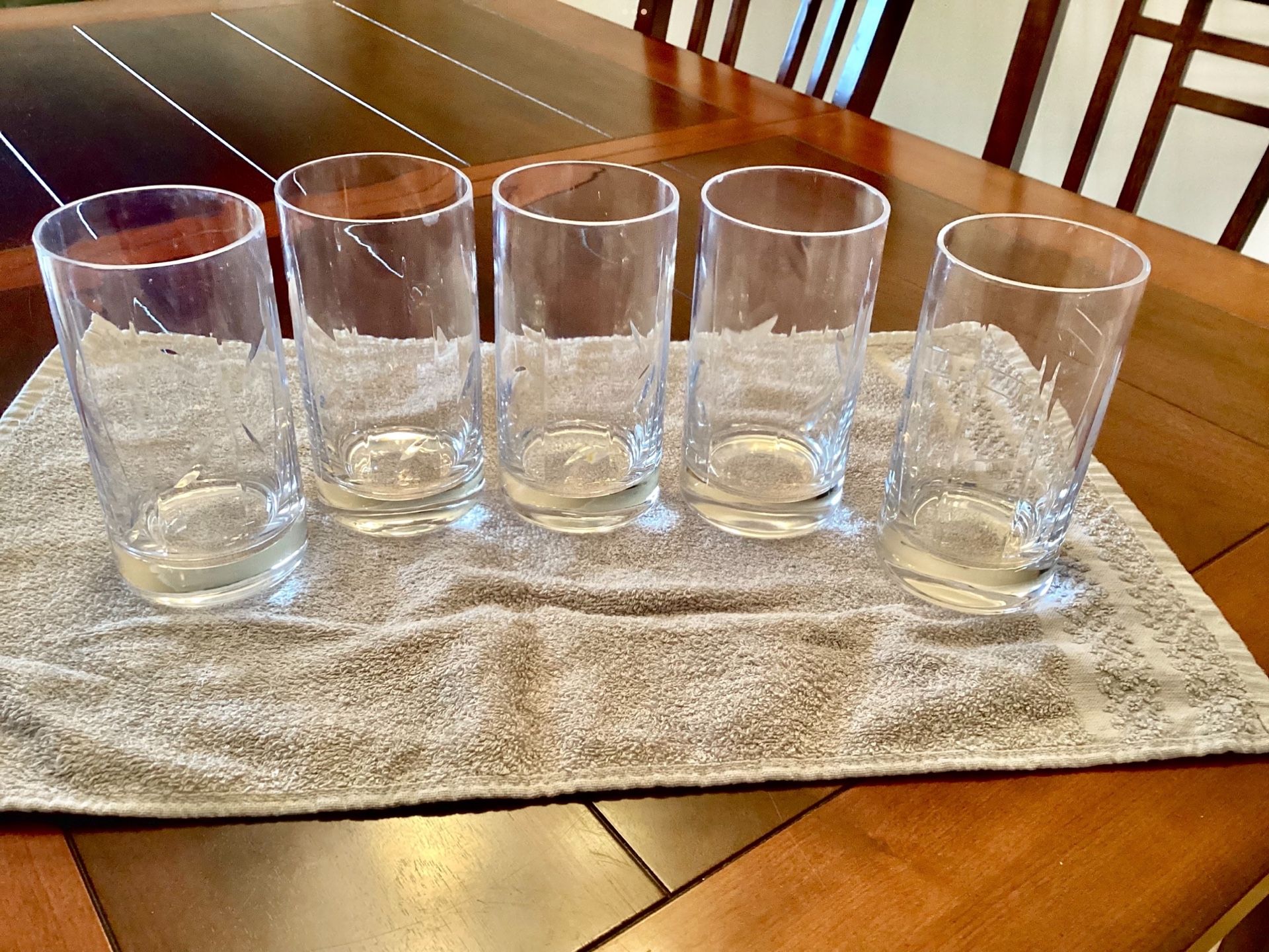 Set Of 5 Cylinder Clear Drinking Glasses 6.25” Tall Preowned