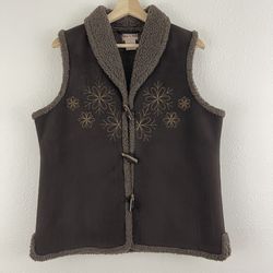 TOFFEE APPLE Vintage Y2K Brown Faux Suede Sherpa Toggle Button Up Floral Vest