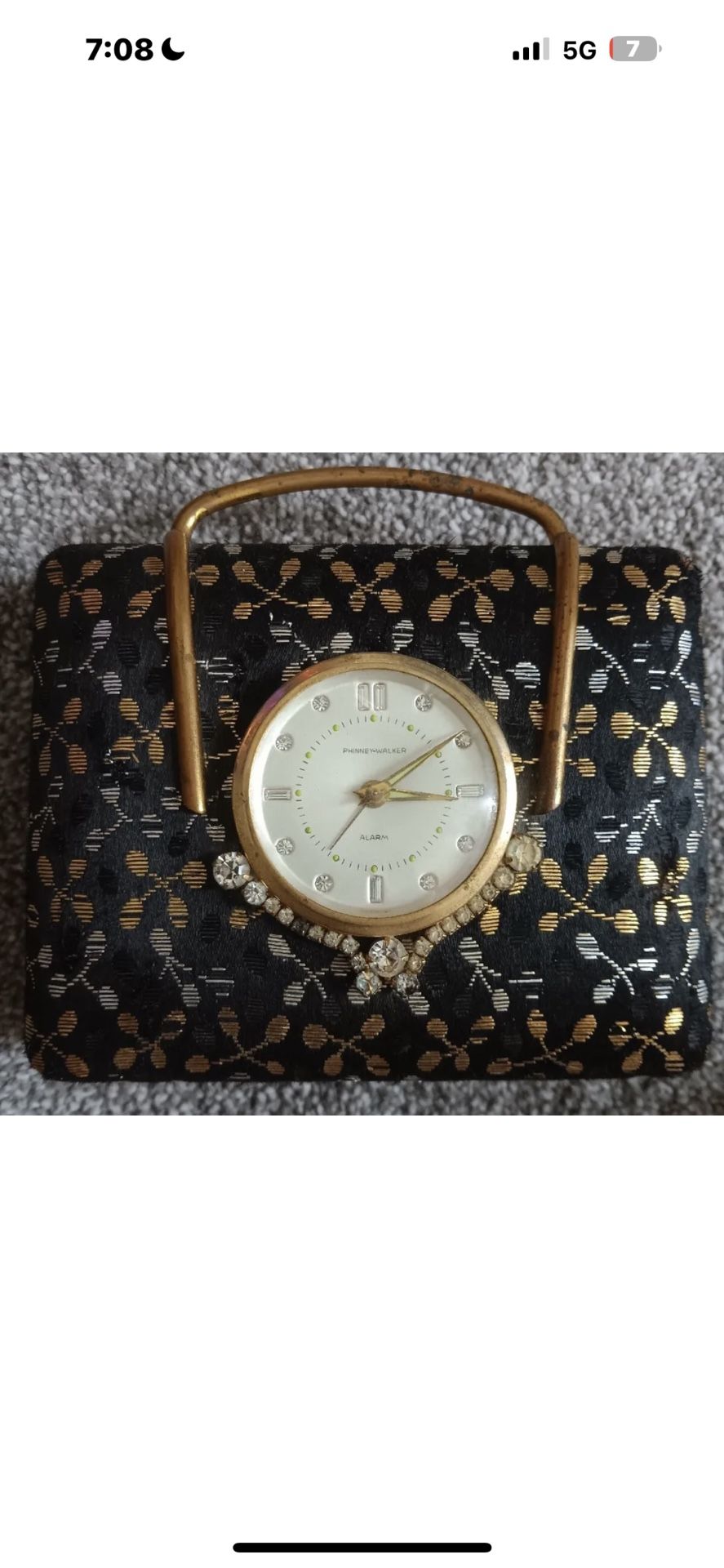 Antique Phinney Walker Travel Clock Jewelry Box Crystal Rhinestone TESTED WORKS