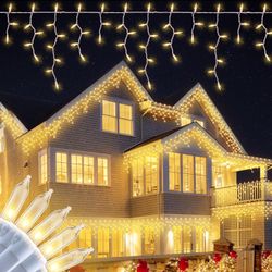 200 Christmas Icicle Lights, Warm White Clear Bulbs with 23FT Long White Wire, Professional Grade String Lights for Indoor & Outdoor,Xmas,Party, Patio