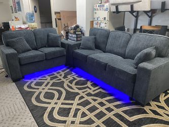 New Blue Chenille Fabric Couch / Love Seat With LED Lights.  Free Delivery!