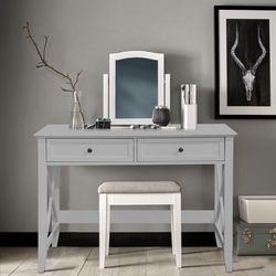 Computer Desk with 2 Drawers, Elegant Home Office Writing Study Desk with Storage, Modern Simple Vanity Desk Console Table for Living Room, Grey