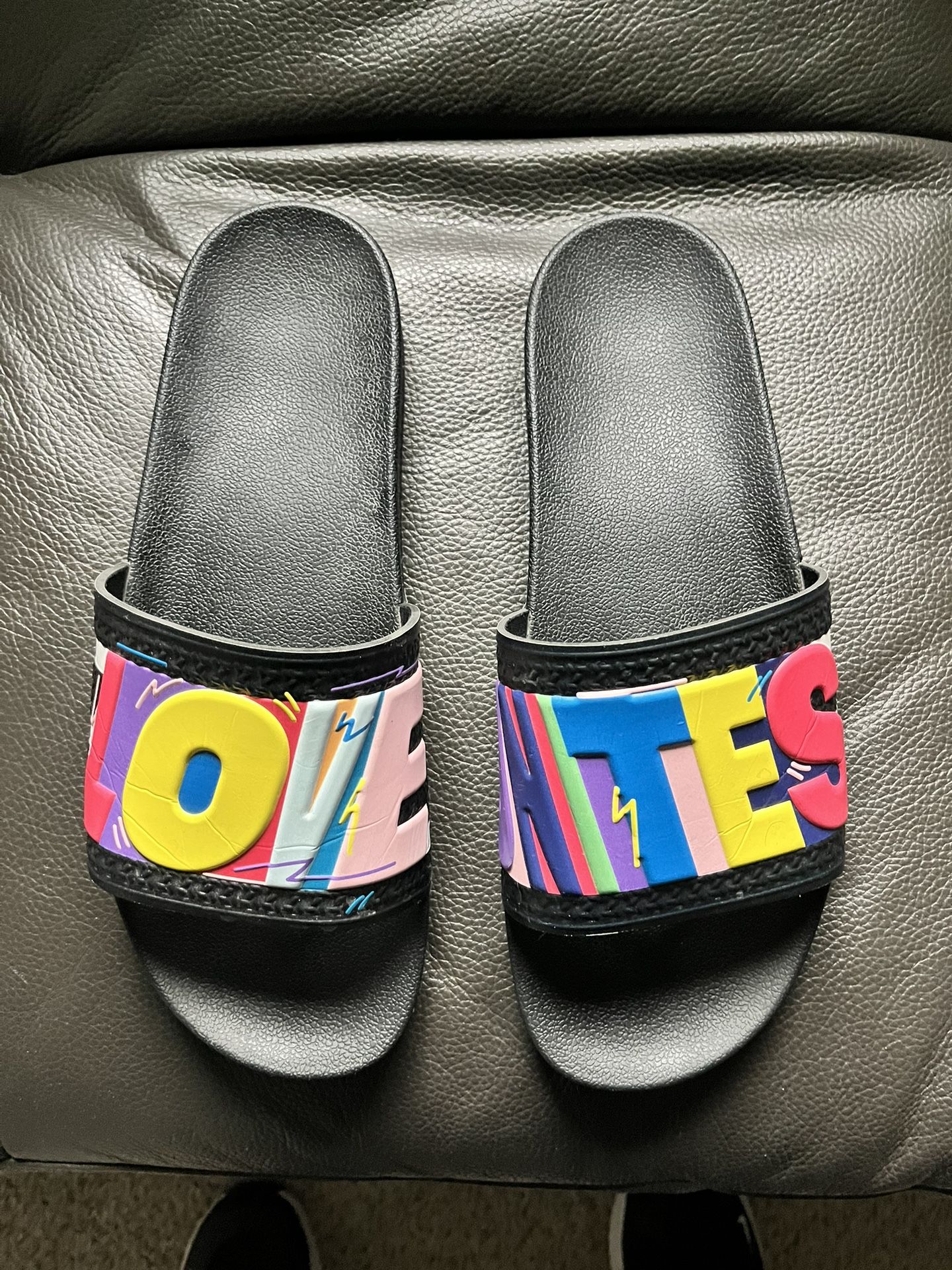 Adidas Slides “ LOVE UNITES” Edition Size 14, Excellent Condition