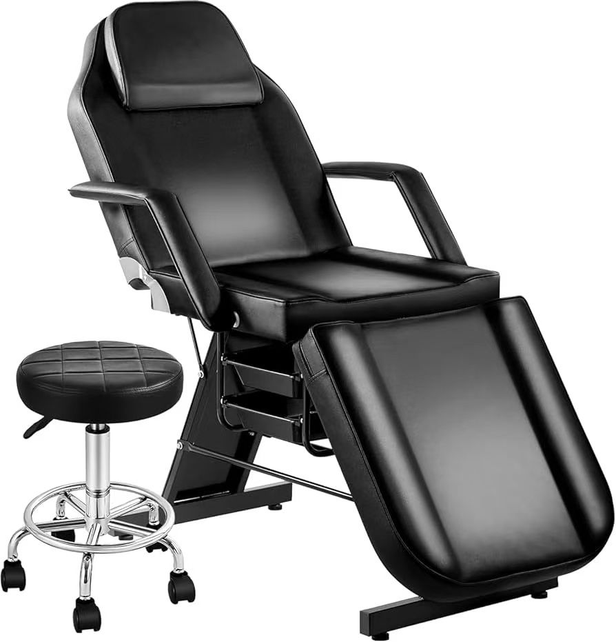 Tattoo chair for client, facial beds for beautician with hydraulic stool, black tilting chair for tattoo, adjustable backrest, massage table, spa, eye