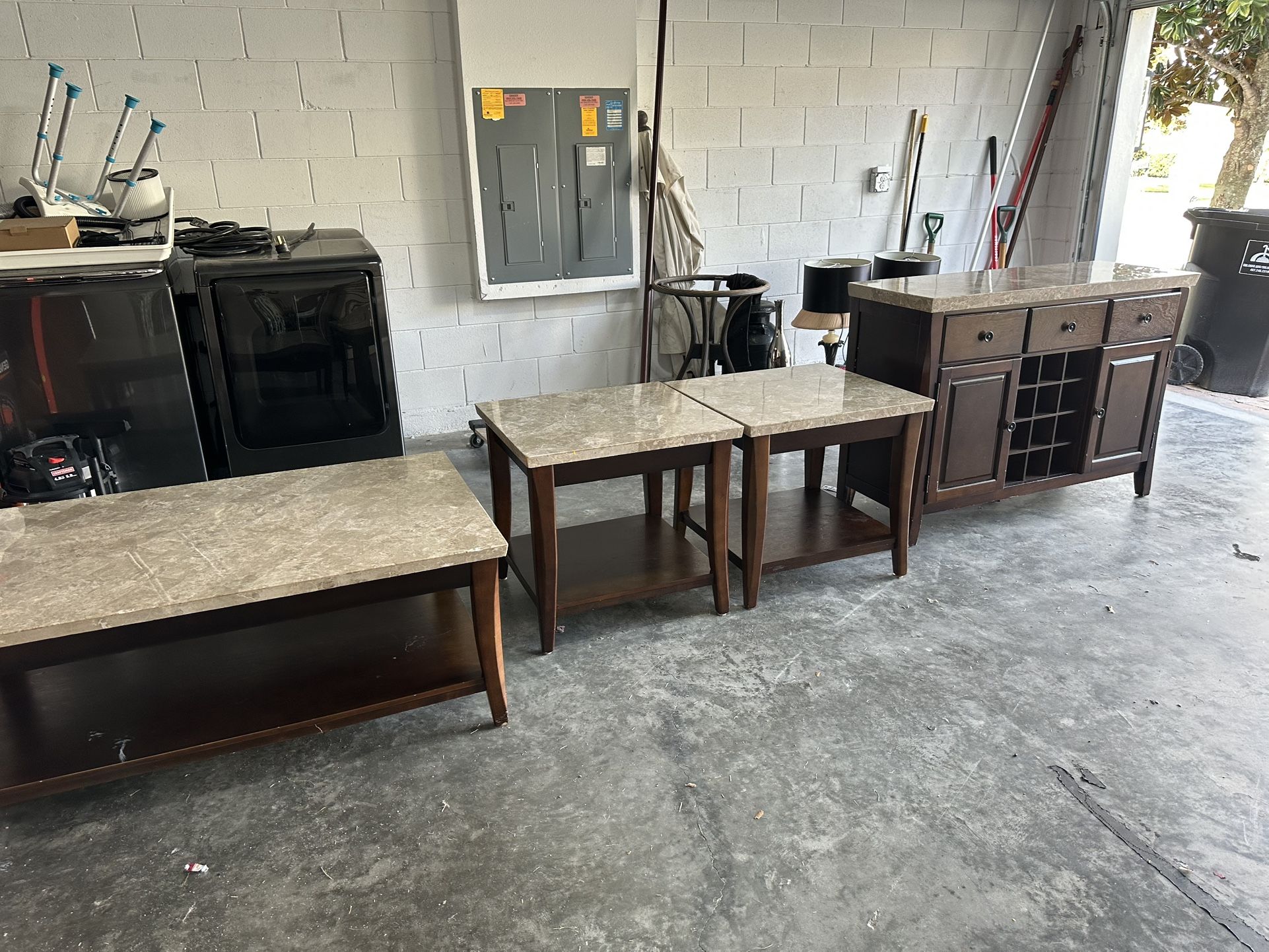 Marble top Tables and Credenza With Wine Storage