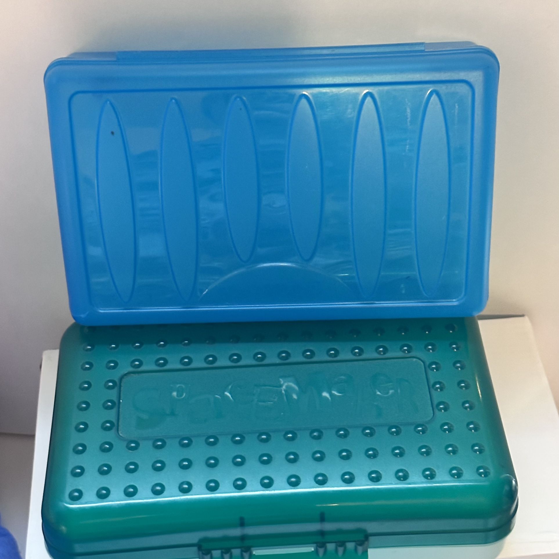 VINTAGE Spacemaker green & clear & Spacemaker 2 blue plastic pencil box boxes
