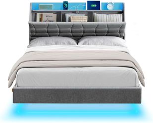 Full Size Floating Bed Frame with LED Lights, Full Bed Frame with Charging Station, Tufted Storage Headboard, Upholstered Platform Bed Frame, No Box S