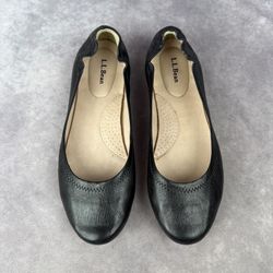 LL Bean Black Round Toe Ballet Flats Scrunch Heel Slip On 9M