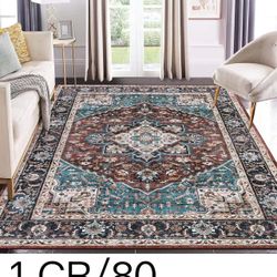 Area Rug 9x12 for Living Room Bedroom - Machine Washable Vintage Boho Floral Distressed Anti-Slip Low Pile Non-Shedding Throw Carpet for Nursery Offic