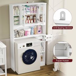  Over The Toilet Storage Cabinet, Over Toilet Bathroom Organizer with 2 Glass Doors & Paper Holder, Bathroom Shelves Over Toilet with Adjustable Shelv