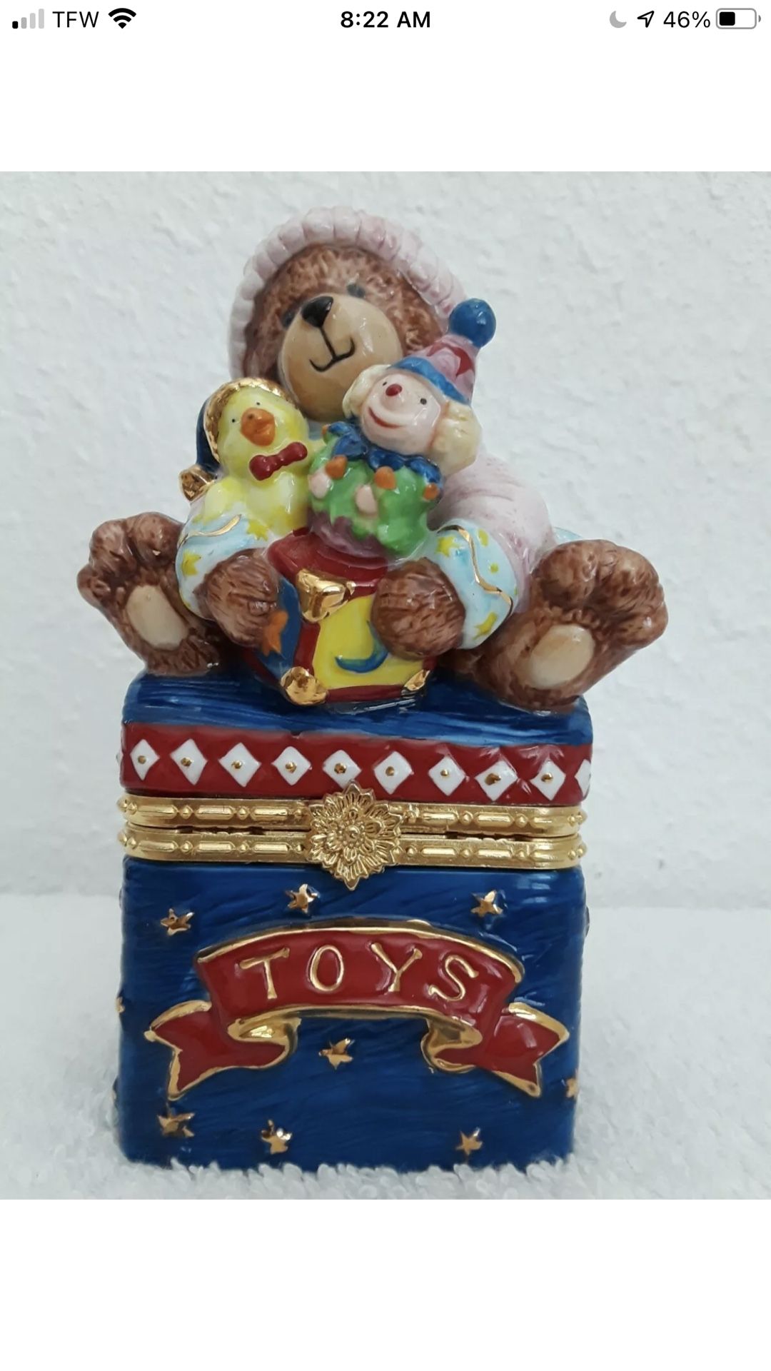 Traditions Porcelain Teddy Bear Trinket Decorative Box Keepsake Toys 5.5”L, 3”W