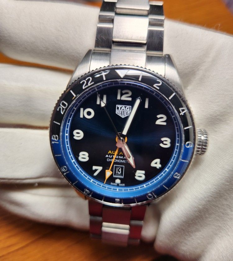 42mm Stainless Tag Heuer Autavia GMT COSC “Batman” featuring a Blue/ Black Bezel and Blue Dial (Ref: WBE511A.BA0650)