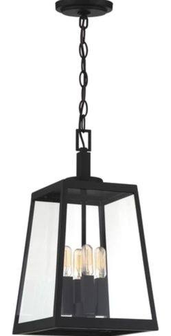 4 Light Matte Black and Glass Indoor/Outdoor Hanging Light Pendant Lantern