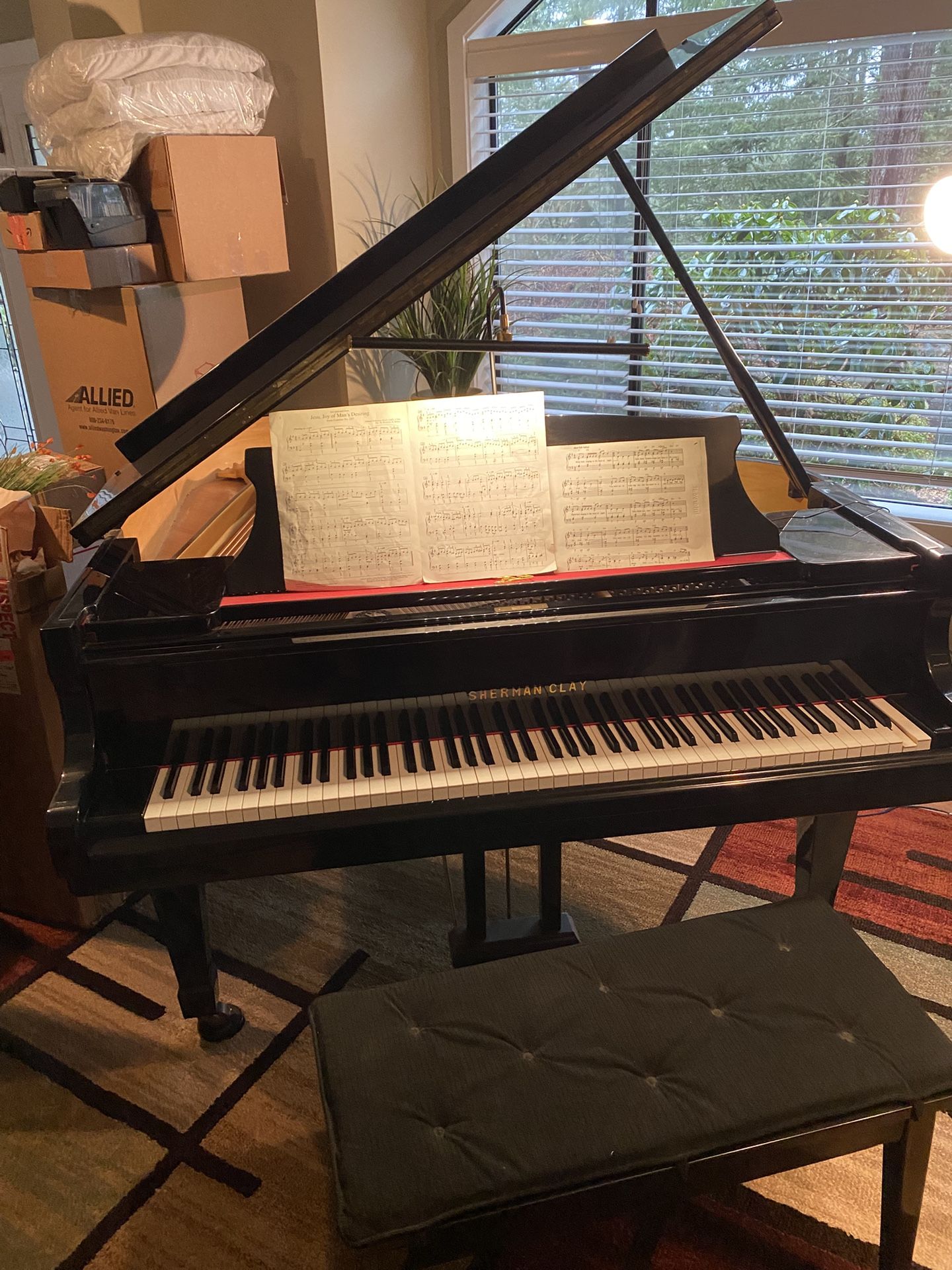 Quality Sherman clay, baby grand piano, polished Ebony in excellent condition.