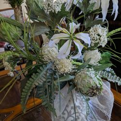 Artificial Flower Arrangements, White Lily Silk Flower Arrangement with Multi Color Ceramic Vase. 