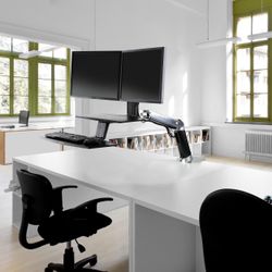Ergotron – WorkFit-A Dual Monitor Standing Desk Converter, Sit Stand Workstation for Tabletops – Suspended Keyboard Tray