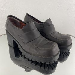 LOWER EAST SIDE Vintage Y2K Brown Faux Leather Chunky Platform Heeled Loafers