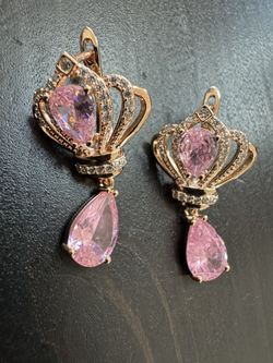 585 14K RG Stamped Pink Princess Crown Gemstone Sparkle Dangle Stud Earrings