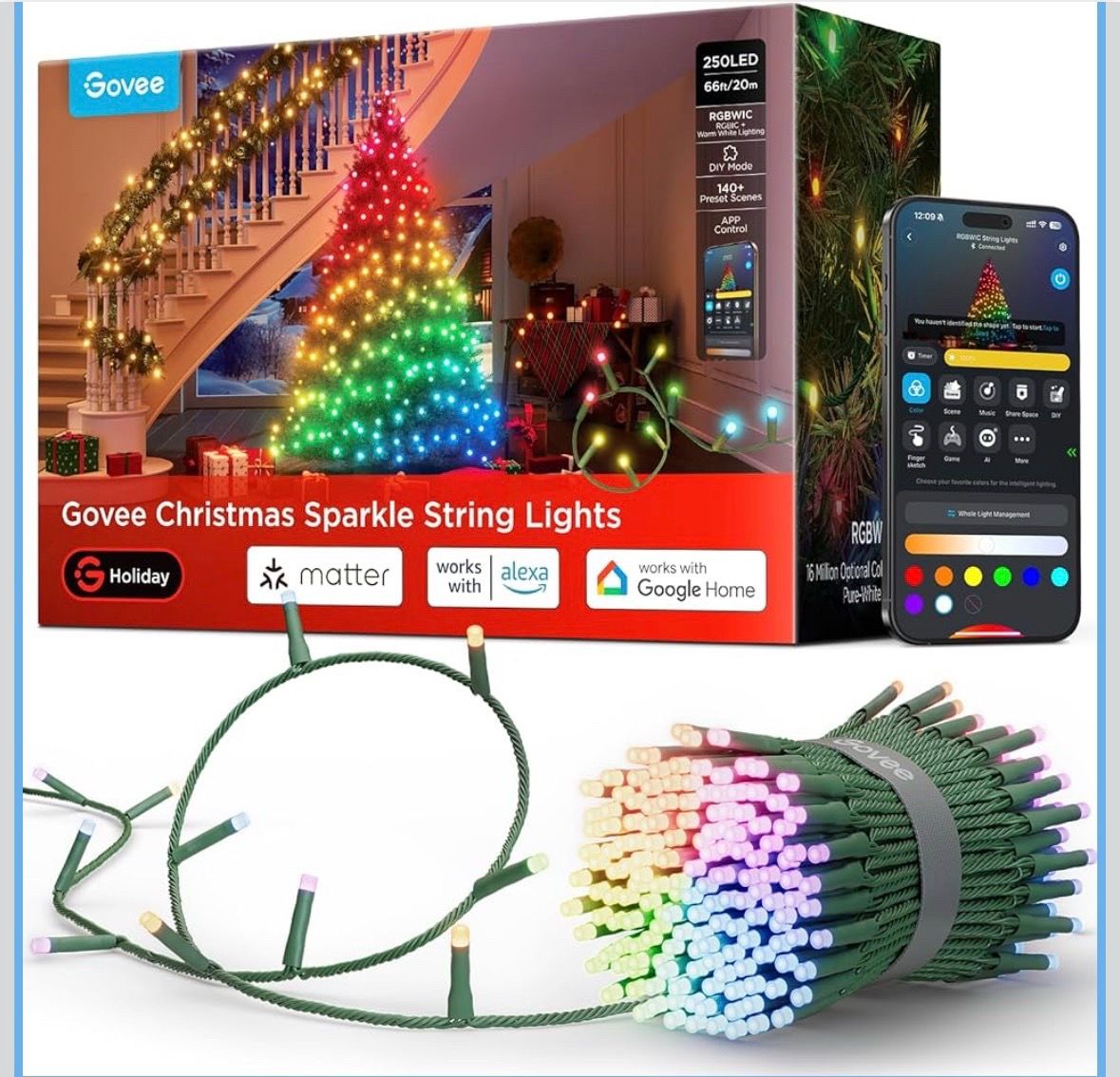 Govee Christmas Sparkle String Lights 66ft, RGBWIC String Lights with 250 Bullet-Head LEDs, App-Controlled, 140+ Scene Modes, 3D Shape Mapping, Works