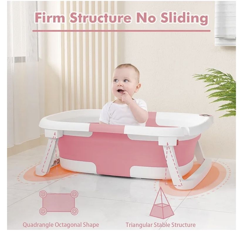 Folding baby bathtub, baby bathtub with cushion Soft and thermometer, bathtub for newborn baby to child Small from O to 36 months, portable bathtub