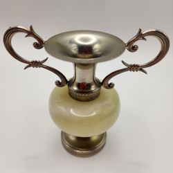 Small Polished Metal & Stone Urn Vase Silver Cream Ornate Handles