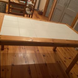 Pine Dining Table With White Tile Inlay 