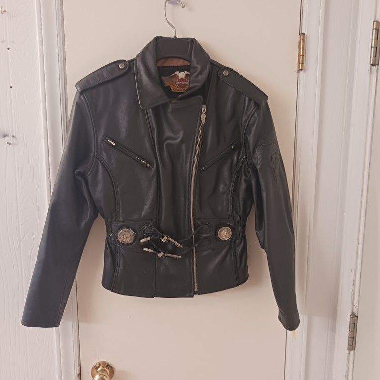 Harley-Davidson Womens M Black Genuine Leather Motorcycle Jacket Embossed Rose