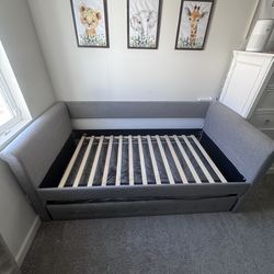 Gray Upholstered Daybed with Pull-Out Trundle + Twin Mattress Included